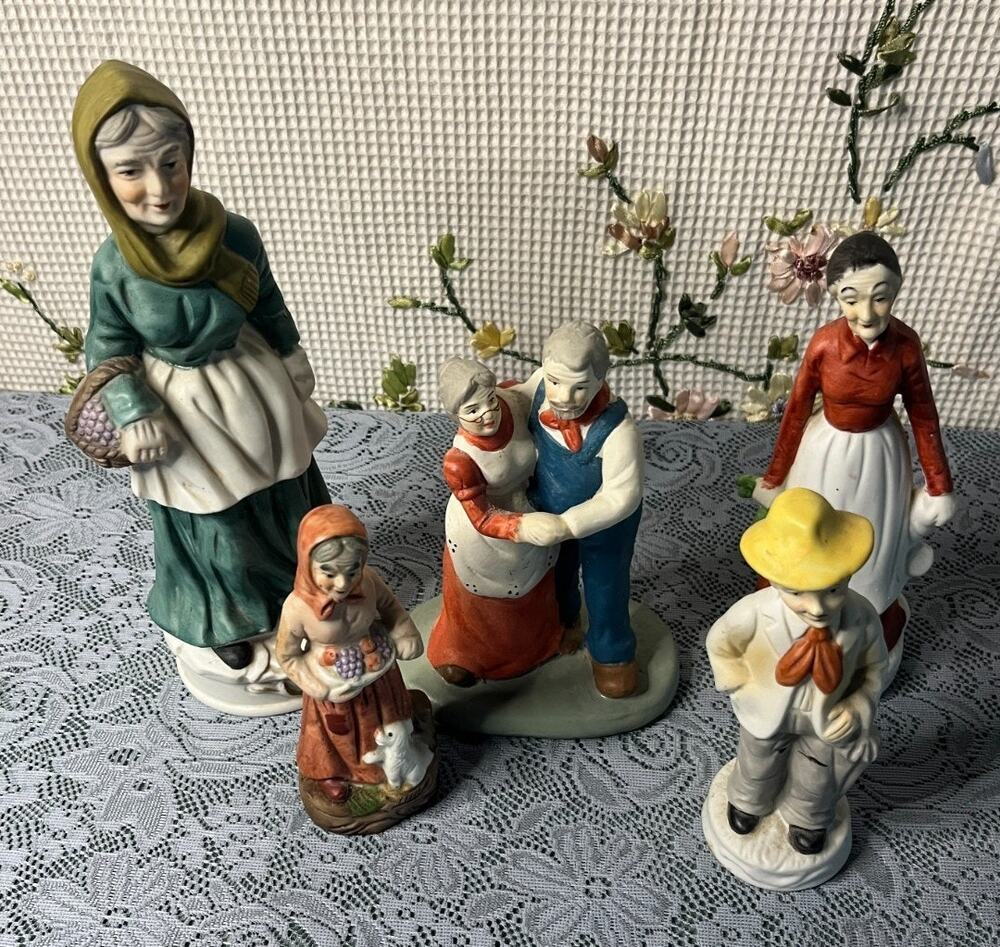 Vintage Bisque Porcelain Figurine Lot 5 Old Couple Dancing Grandma Farmer Taiwan